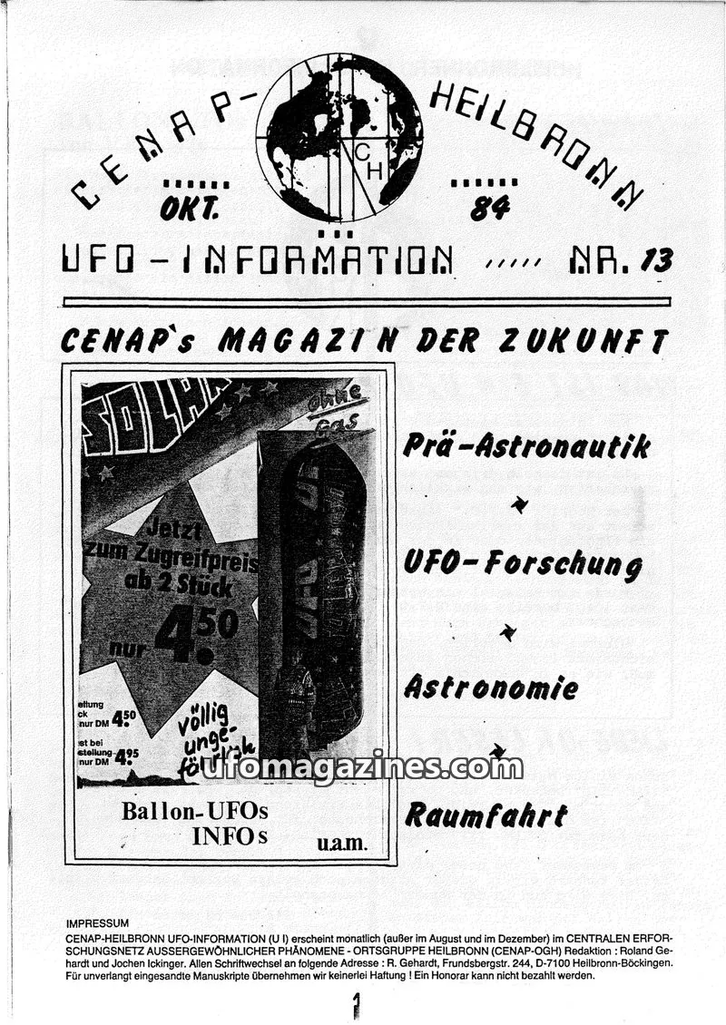 Cover of UFO Information (CENAP Heilbronn) issue NR. 13: HEILBRONNER UFO INFORMATION