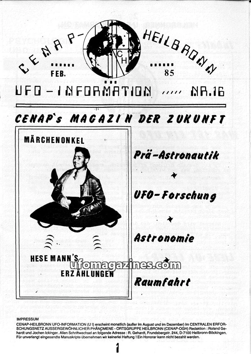 Cover of UFO Information (CENAP Heilbronn) issue NR.16: HEILBRONNER UFO INFORMATION