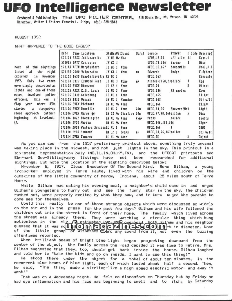 Cover of UFO Intelligence (Fran Ridge) issue August 1992: UFO Intelligence Newsletter
