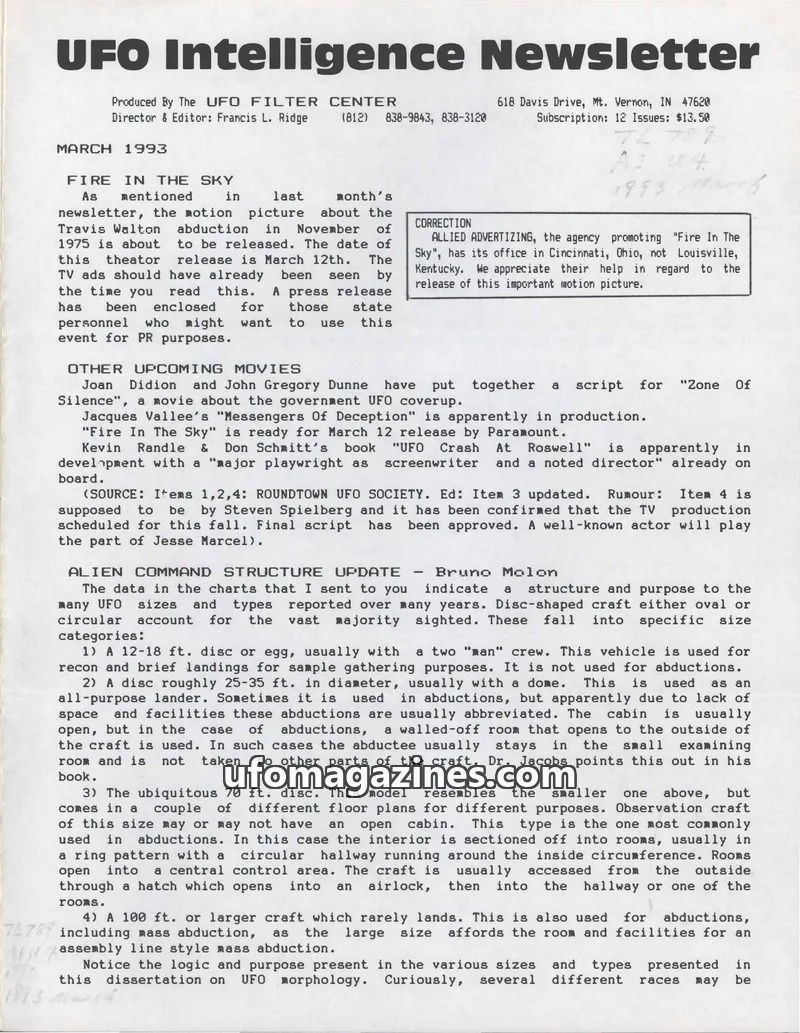 Cover of UFO Intelligence (Fran Ridge) issue March 1993: UFO Intelligence Newsletter