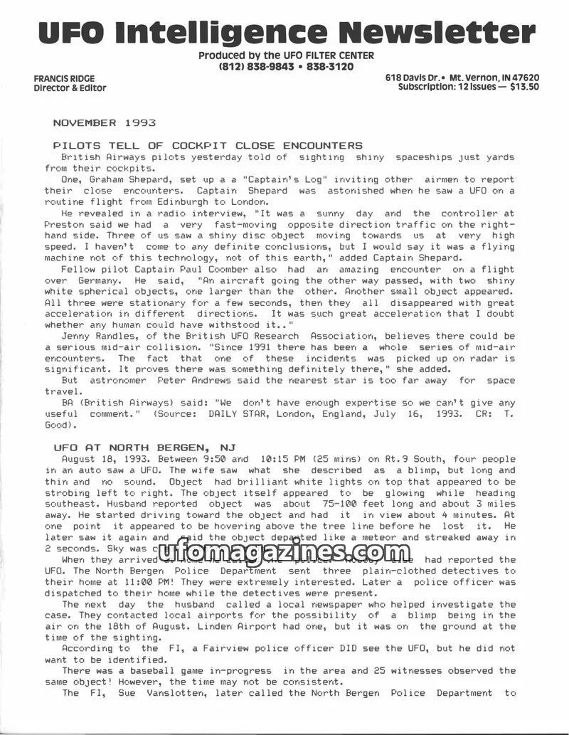 Cover of UFO Intelligence (Fran Ridge) issue November 1993: UFO Intelligence Newsletter