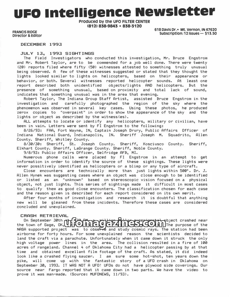 Cover of UFO Intelligence (Fran Ridge) issue December 1993: UFO Intelligence Newsletter