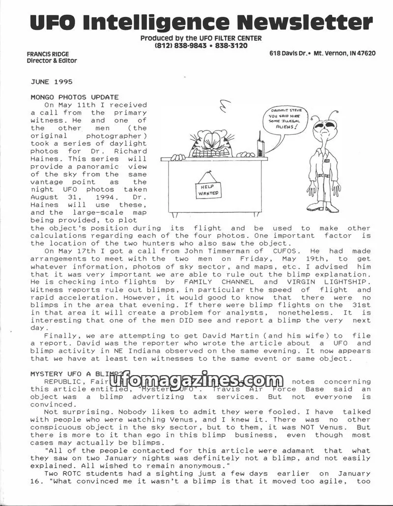Cover of UFO Intelligence (Fran Ridge) issue June 1995: UFO Intelligence Newsletter