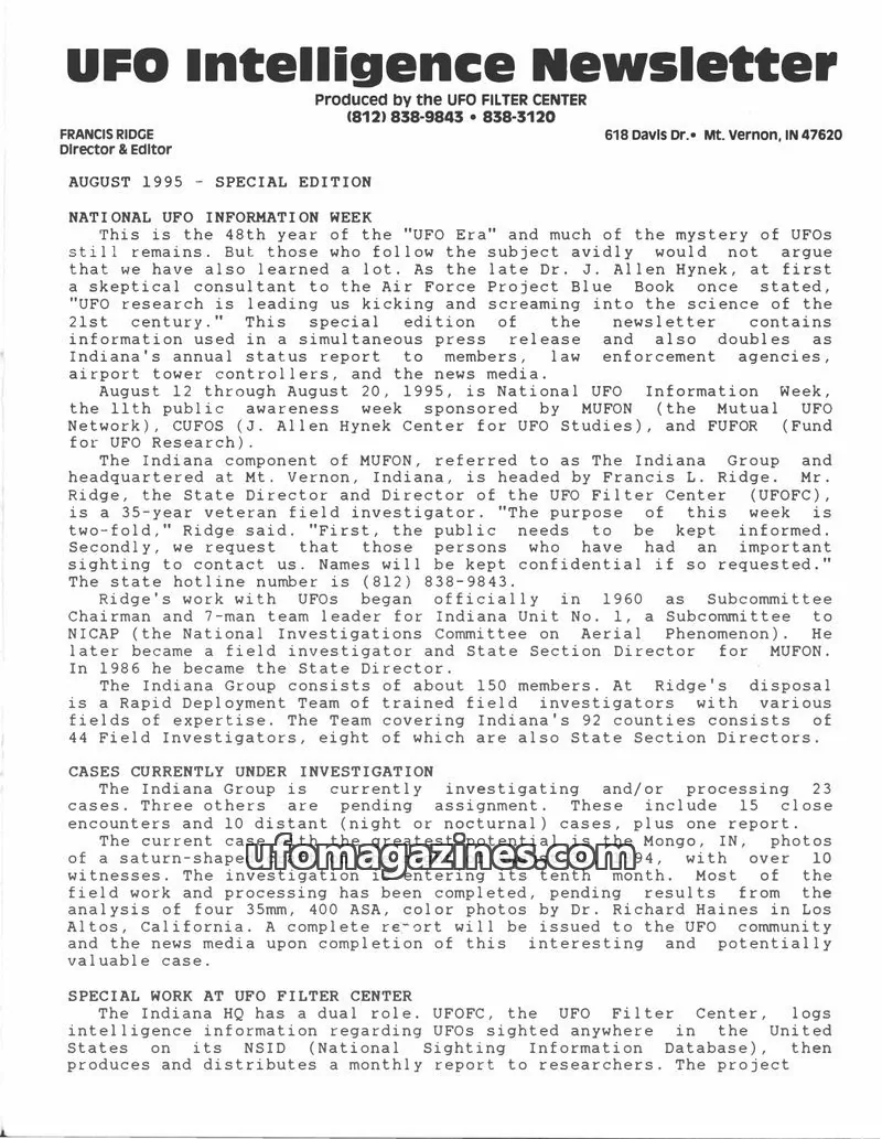 Cover of UFO Intelligence (Fran Ridge) issue SPECIAL EDITION: UFO Intelligence Newsletter