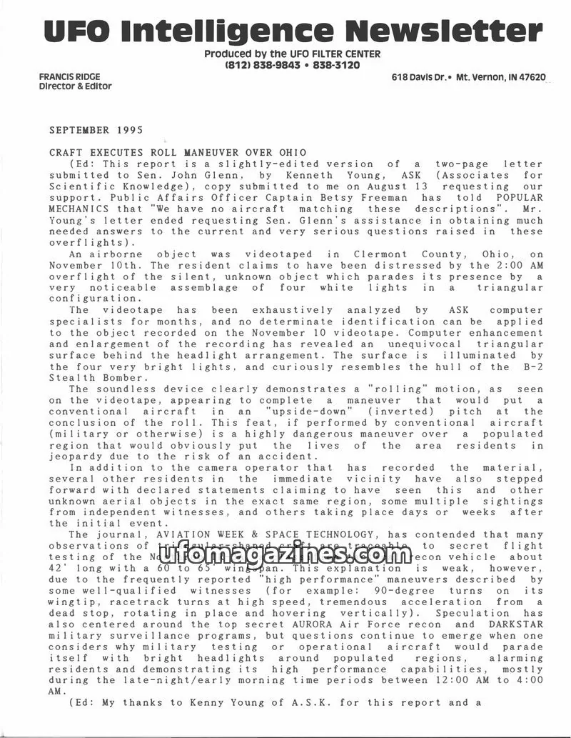 Cover of UFO Intelligence (Fran Ridge) issue September 1995: UFO Intelligence Newsletter