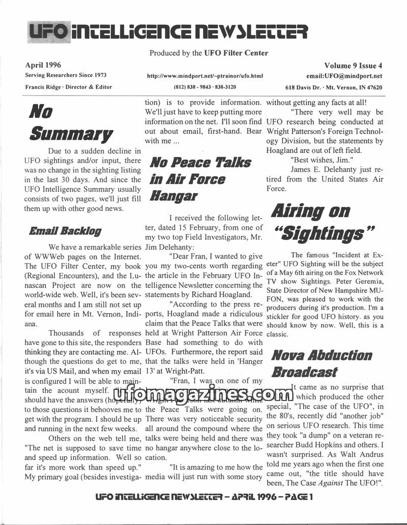 Cover of UFO Intelligence (Fran Ridge) issue Volume 9 Issue 4: UFO INTELLIGENCE NEWSLETTER