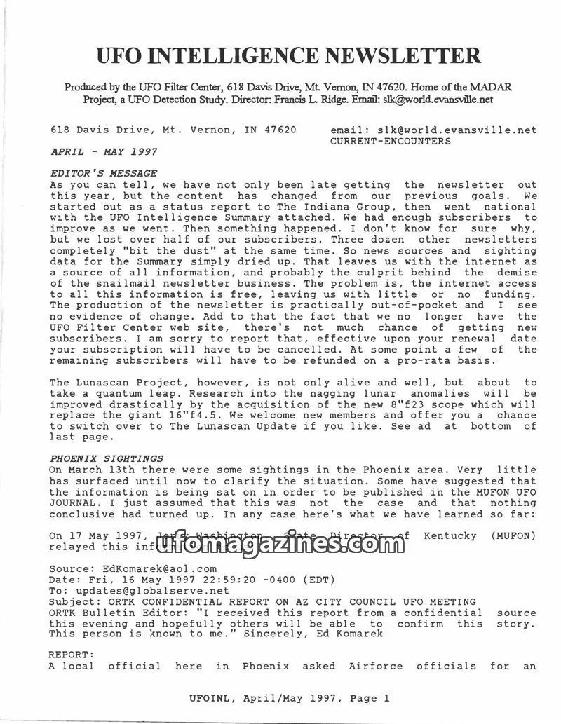 Cover of UFO Intelligence (Fran Ridge) issue April/May 1997: UFO INTELLIGENCE NEWSLETTER