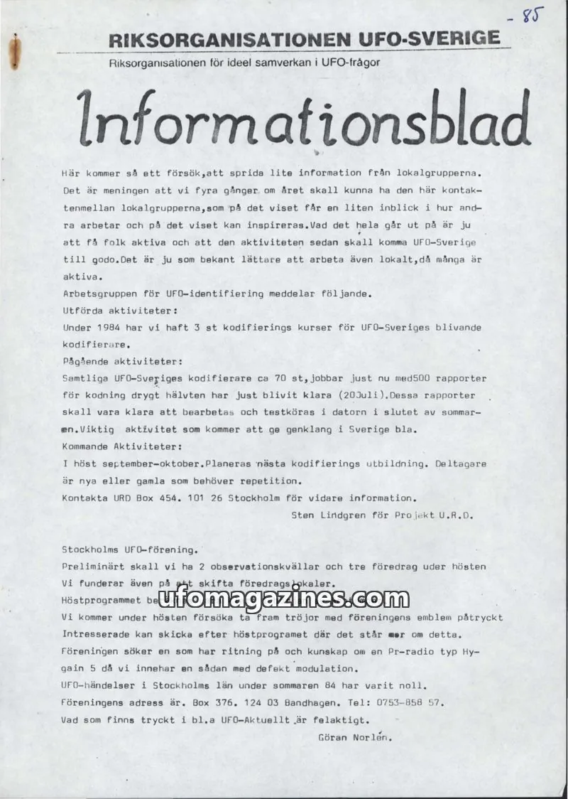 Cover of UFO Lokal Information (UFO-Sverige) issue 85: Informationsblad