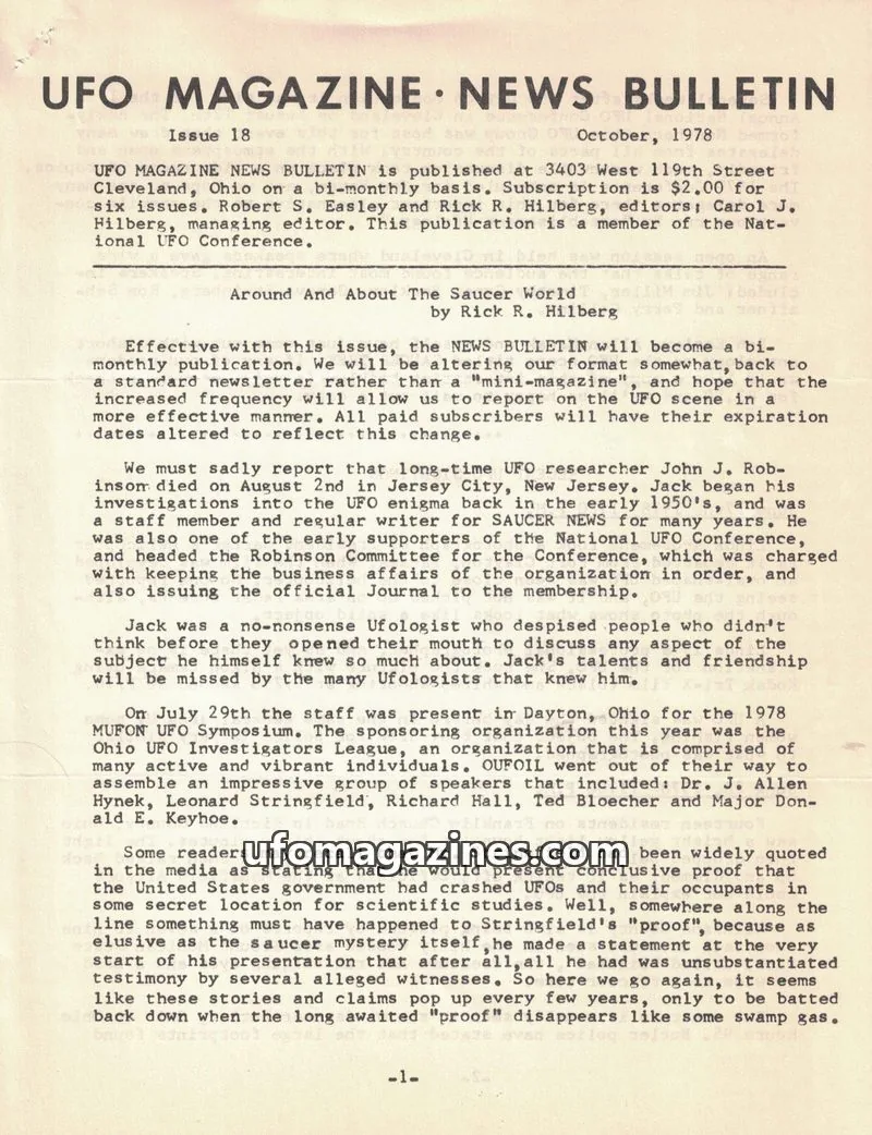 Cover of UFO Magazine (Hilberg) issue 18: UFO MAGAZINE NEWS BULLETIN