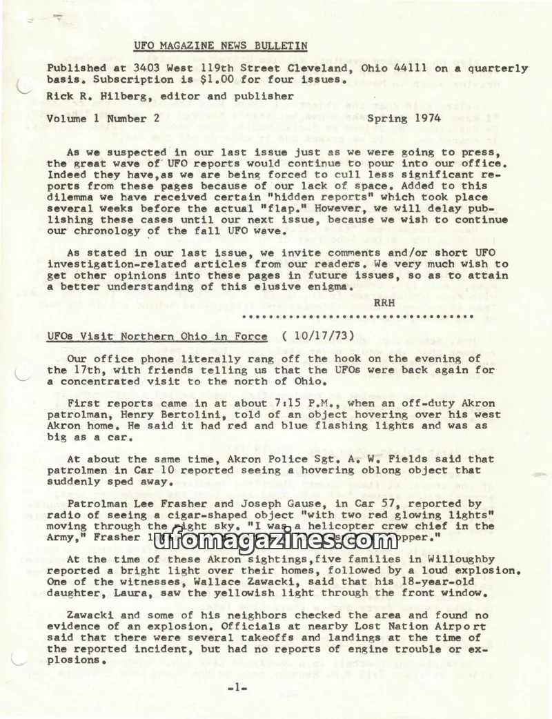Cover of UFO Magazine (Hilberg) issue Volume 1 Number 2: UFO MAGAZINE NEWS BULLETIN