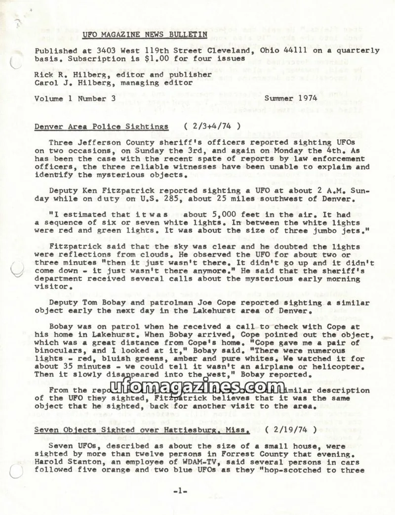 Cover of UFO Magazine (Hilberg) issue Volume 1 Number 3: UFO MAGAZINE NEWS BULLETIN