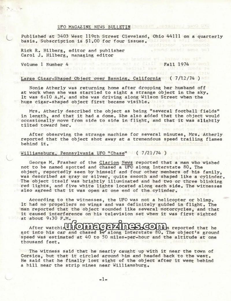 Cover of UFO Magazine (Hilberg) issue Number 4: UFO MAGAZINE NEWS BULLETIN