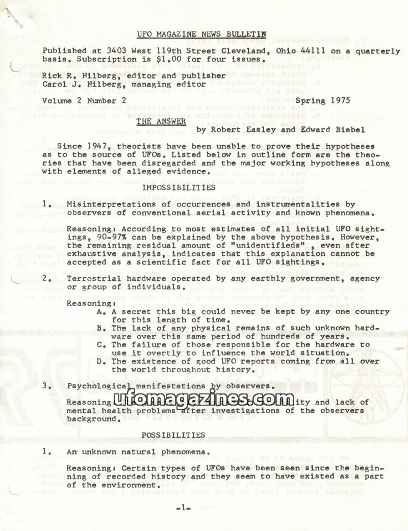 Cover of UFO Magazine (Hilberg) issue Volume 2 Number 2: UFO MAGAZINE NEWS BULLETIN