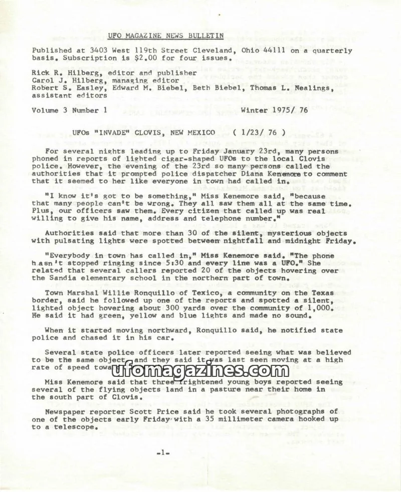 Cover of UFO Magazine (Hilberg) issue Volume 3 Number 1: UFO MAGAZINE NEWS BULLETIN