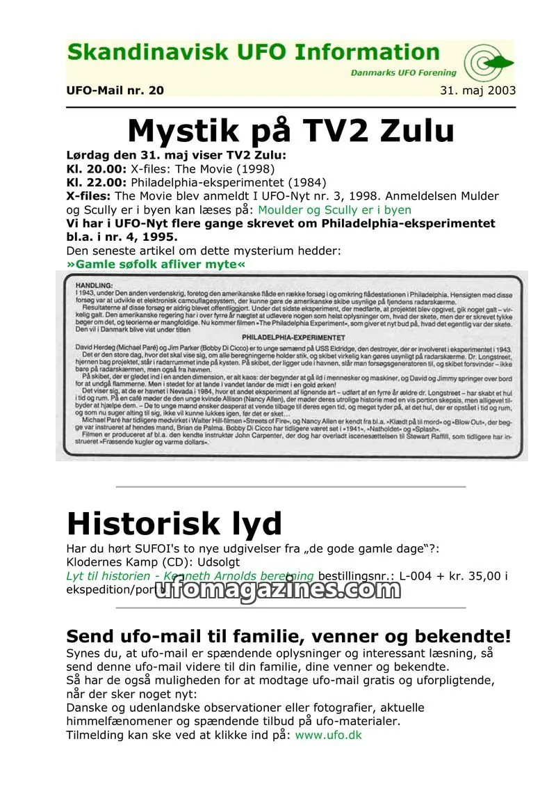 Cover of UFO Mail (SUFOI) issue nr. 20: Skandinavisk UFO Information