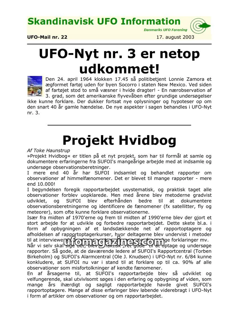 Cover of UFO Mail (SUFOI) issue nr. 22: Skandinavisk UFO Information