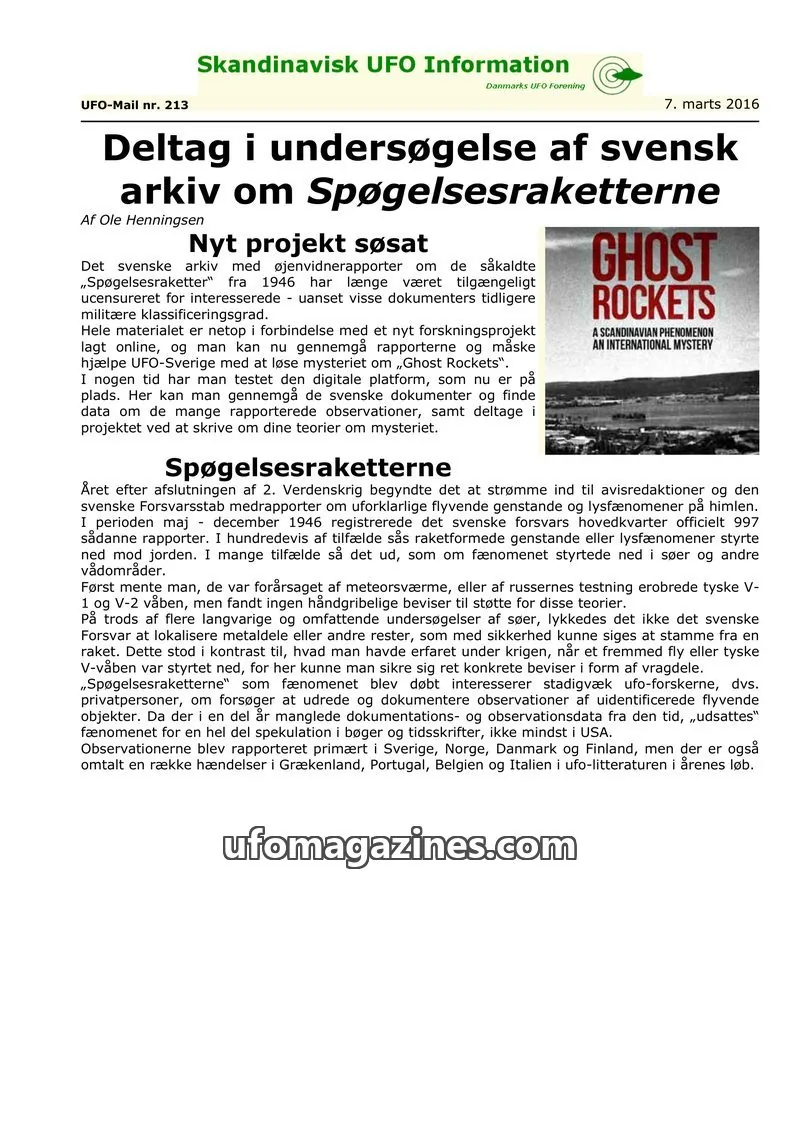 Cover of UFO Mail (SUFOI) issue 213: Skandinavisk UFO Information