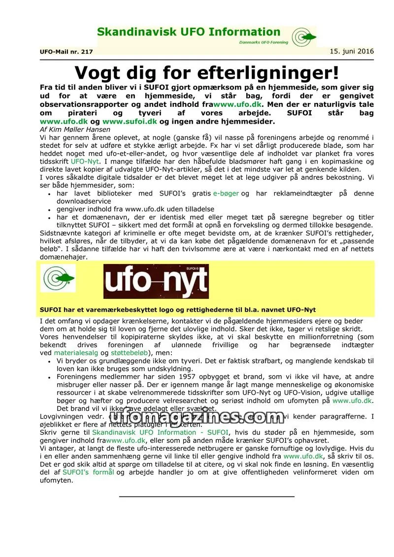 Cover of UFO Mail (SUFOI) issue nr. 217: Skandinavisk UFO Information
