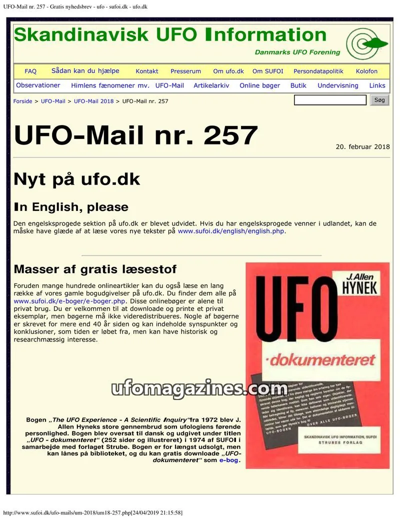 Cover of UFO Mail (SUFOI) issue 257: UFO-Mail