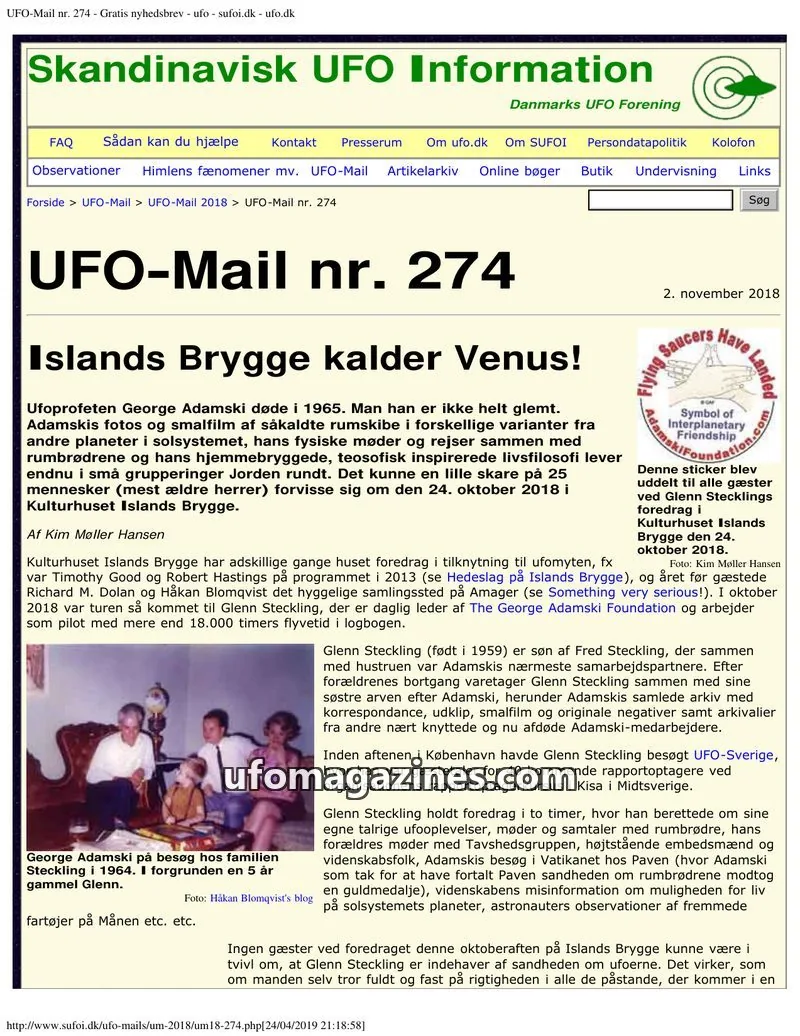 Cover of UFO Mail (SUFOI) issue nr. 274: Skandinavisk UFO Information