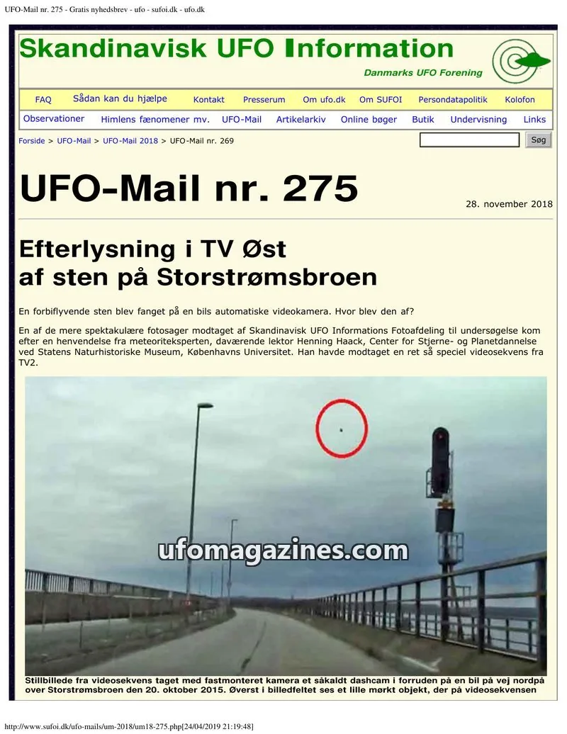 Cover of UFO Mail (SUFOI) issue nr. 275: Skandinavisk UFO Information