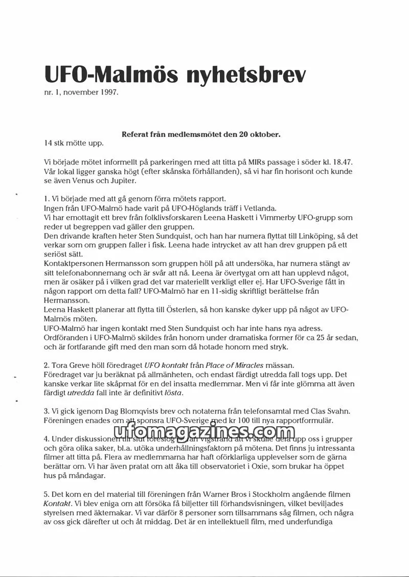 Cover of UFO-Malmos nyhetsbrev issue 1: UFO-Malmös nyhetsbrev