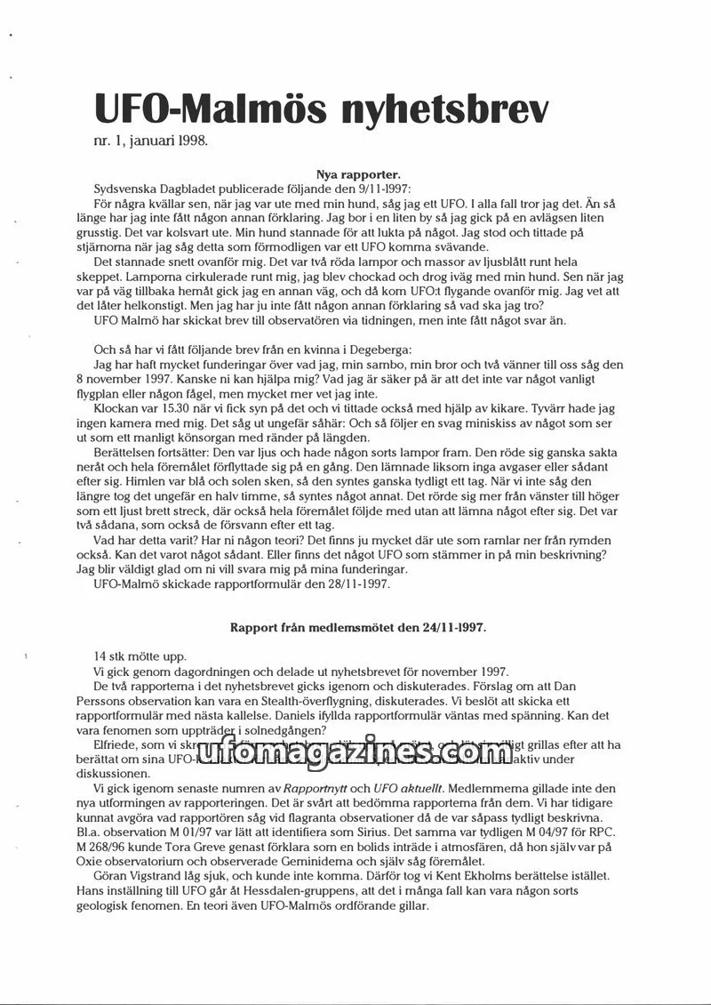 Cover of UFO-Malmos nyhetsbrev issue 1: UFO-Malmös nyhetsbrev