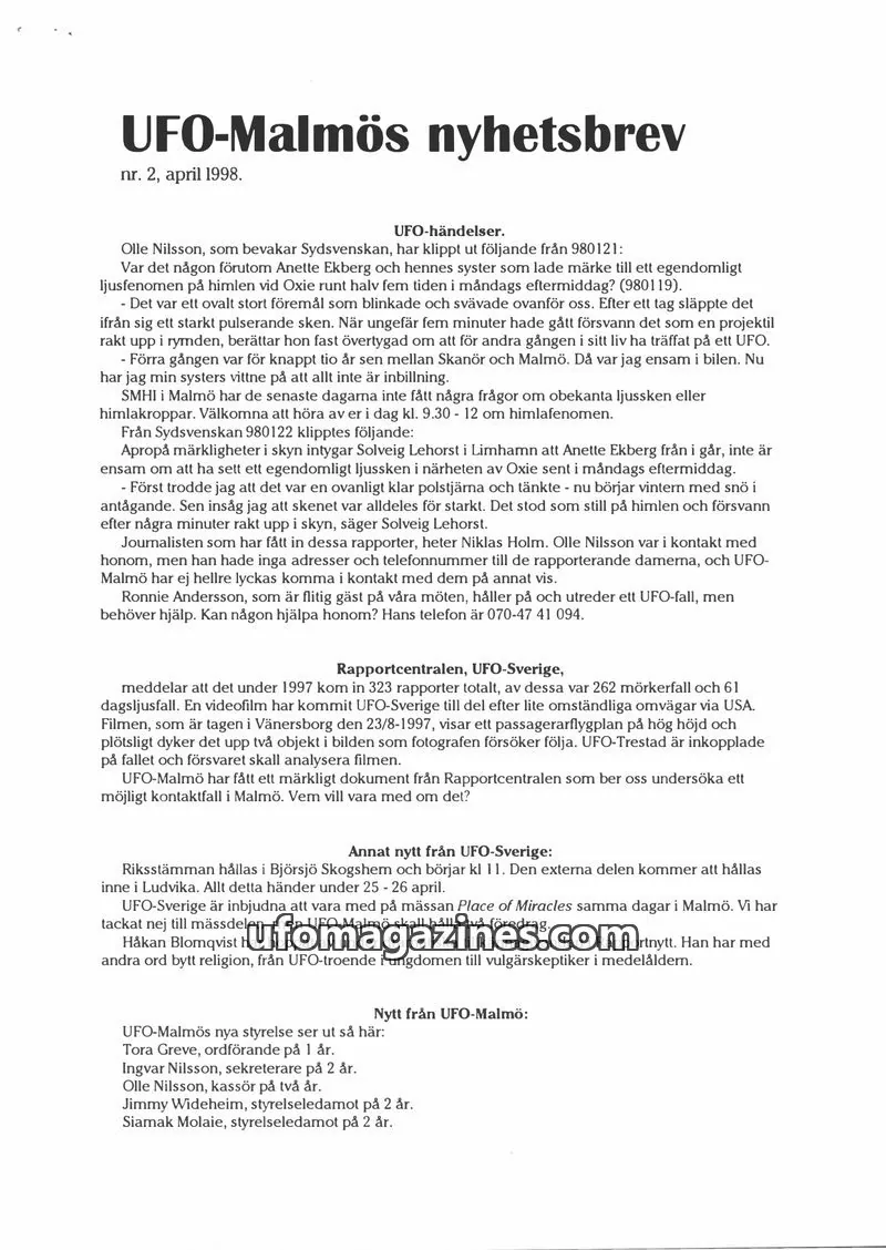 Cover of UFO-Malmos nyhetsbrev issue 2: UFO-Malmös nyhetsbrev