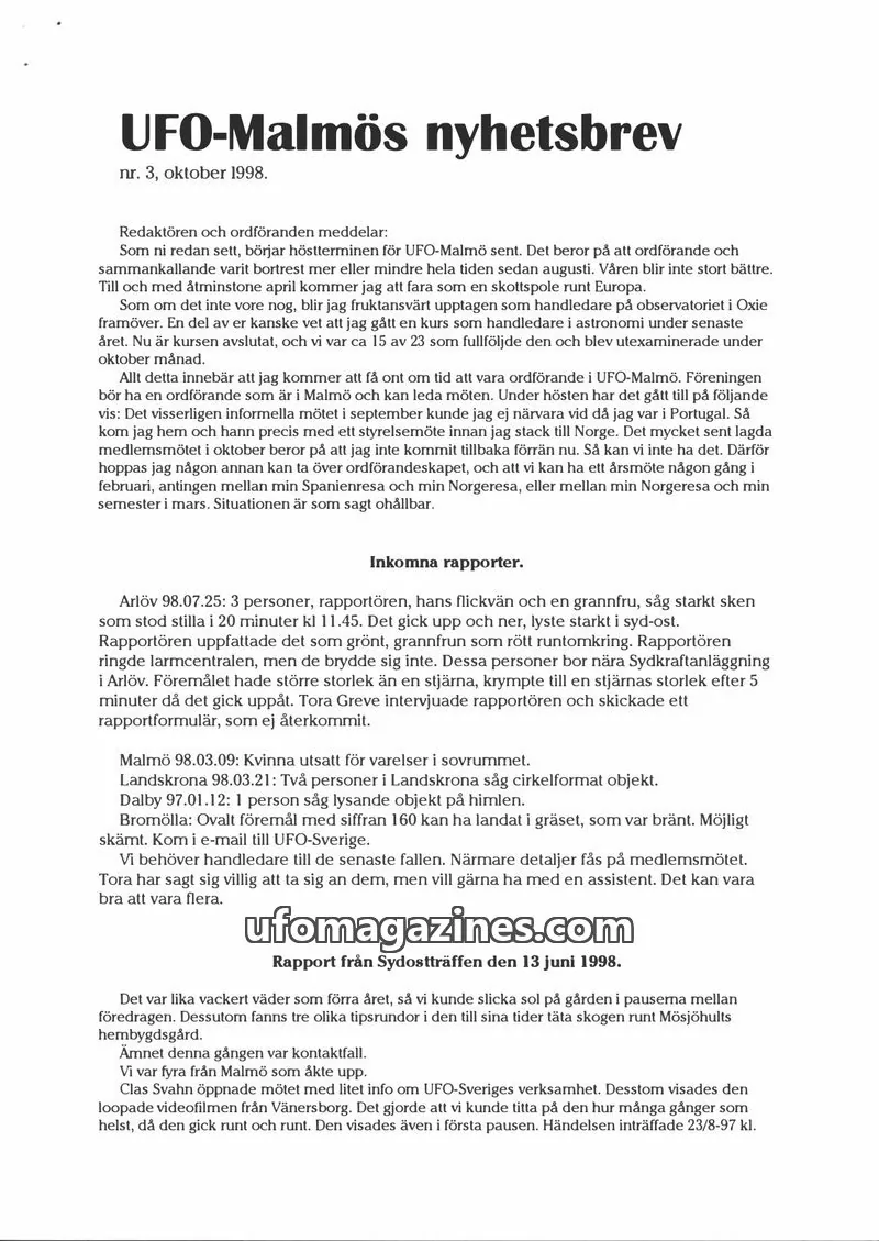 Cover of UFO-Malmos nyhetsbrev issue 3: UFO-Malmös nyhetsbrev