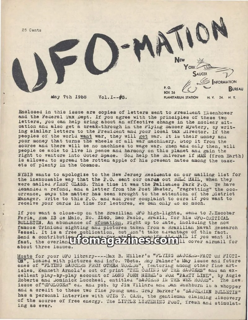 Cover of New York Saucer Information Bureau issue Vol.I--#3: UFO-MATION