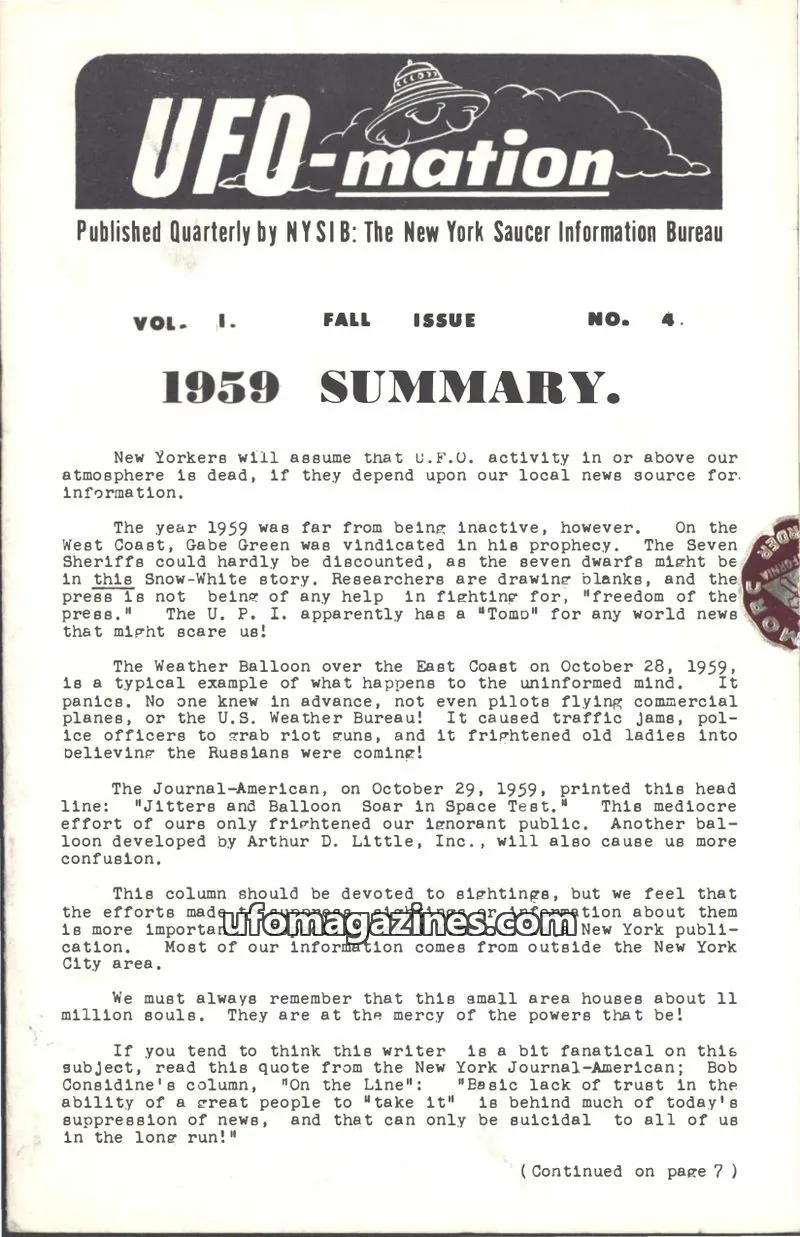 Cover of THE NEW YORK SAUCER INFORMATION BUREAU issue FALL ISSUE NO. 4: UFO-mation