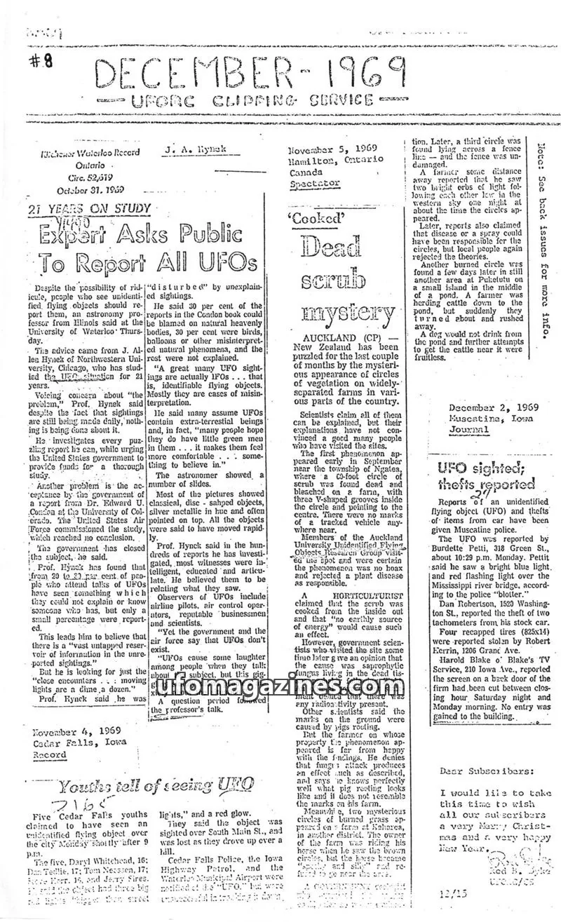 Cover of UFORC CLIPPING SERVICE issue #8: UFORC CLIPPING SERVICE
