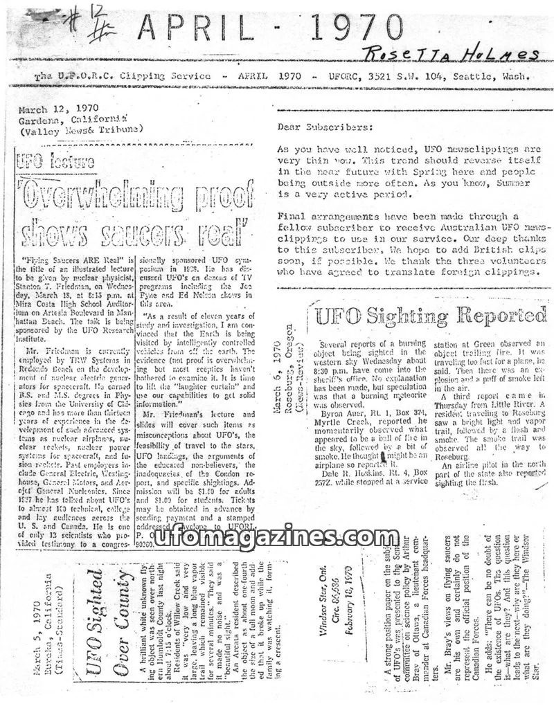 Cover of UFORC issue APRIL 1970: The U.F.O.R.C. Clipping Service