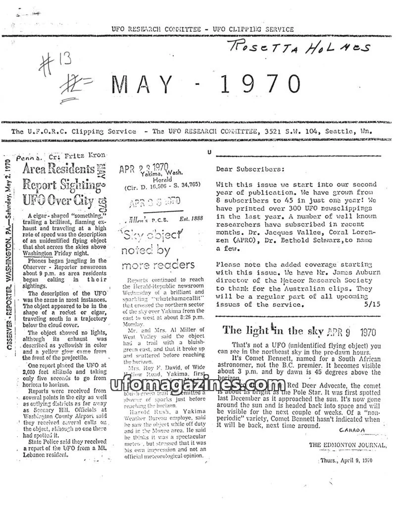 Cover of The UFO RESEARCH COMMITTEE issue #13: UFO RESEARCH COMMITTEE UFO CLIPPING SERVICE