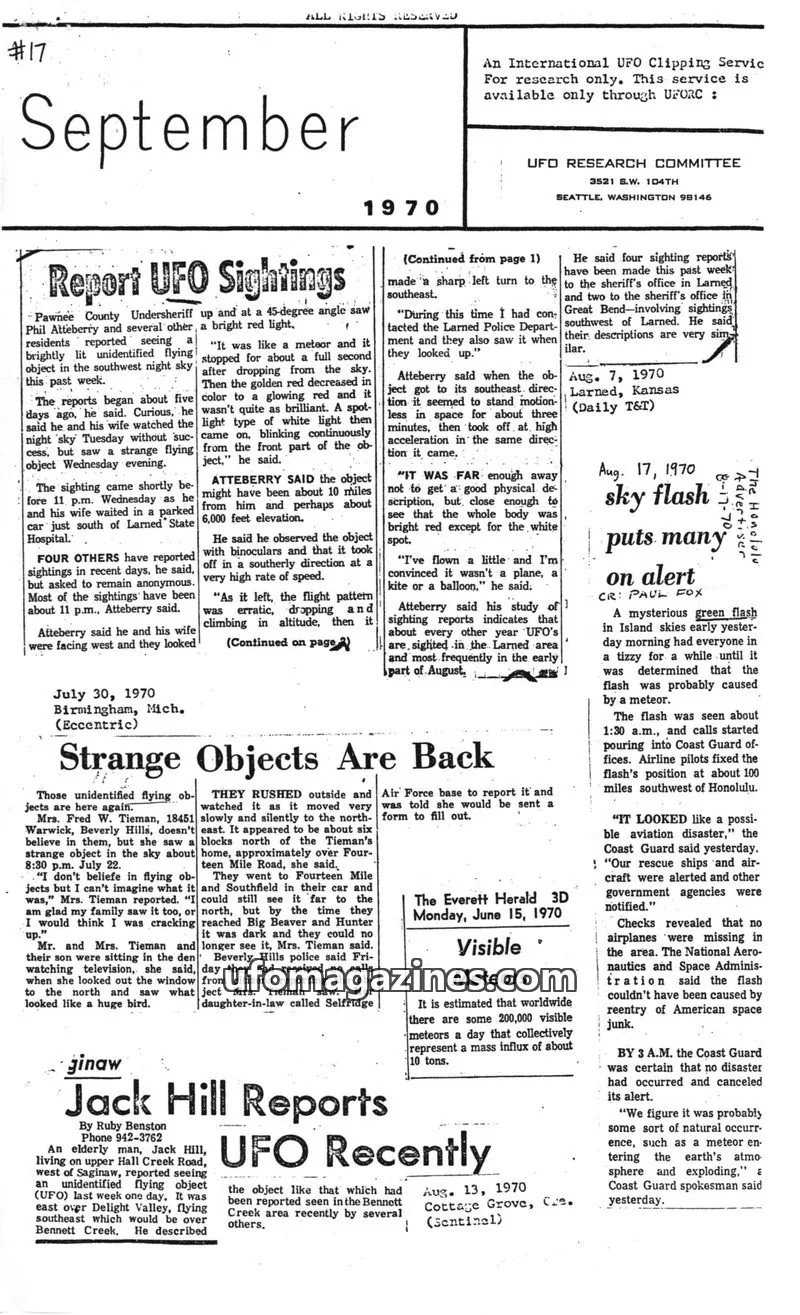 Cover of UFO Newsclipping Service issue 17: White-Hot Metal Slabs Tumble From Sky in Three States