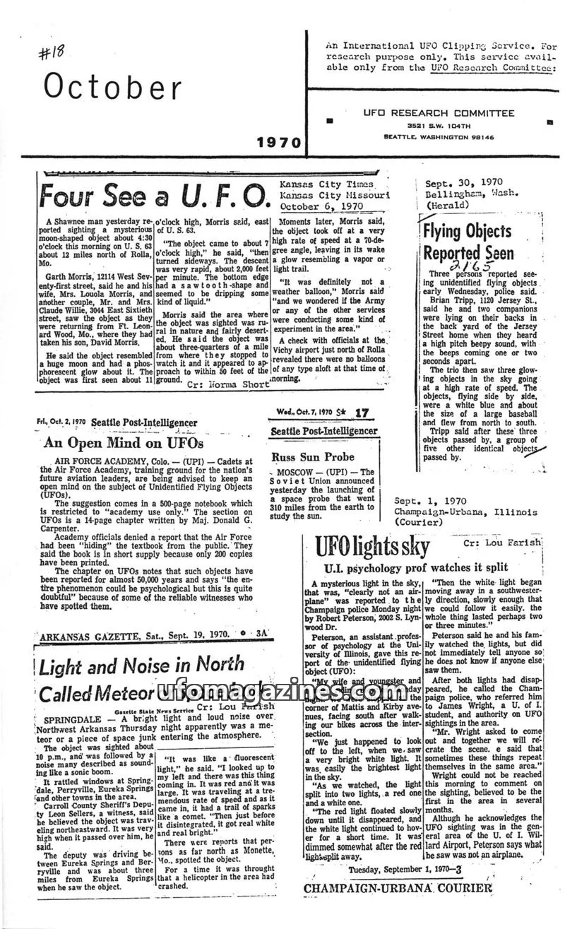 Cover of UFO Newsclipping Service issue August 18, 1970: UFO or satellite