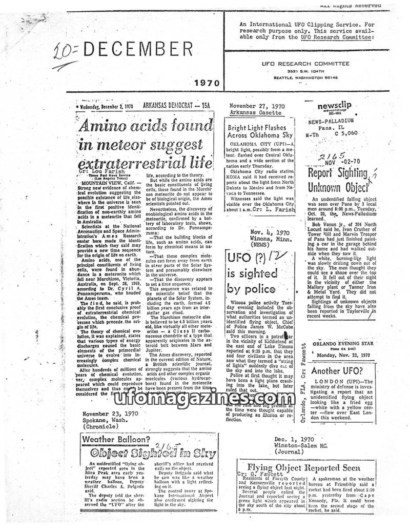 Cover of UFO RESEARCH COMMITTEE issue DECEMBER 10, 1970: UFO RESEARCH COMMITTEE