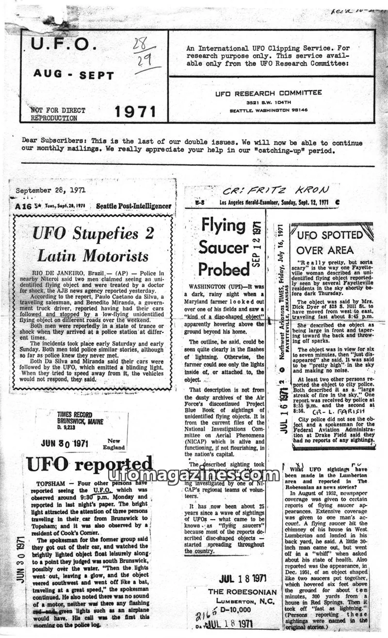 Cover of UFO Research Committee issue double issue: U.F.O. - AUG - SEPT