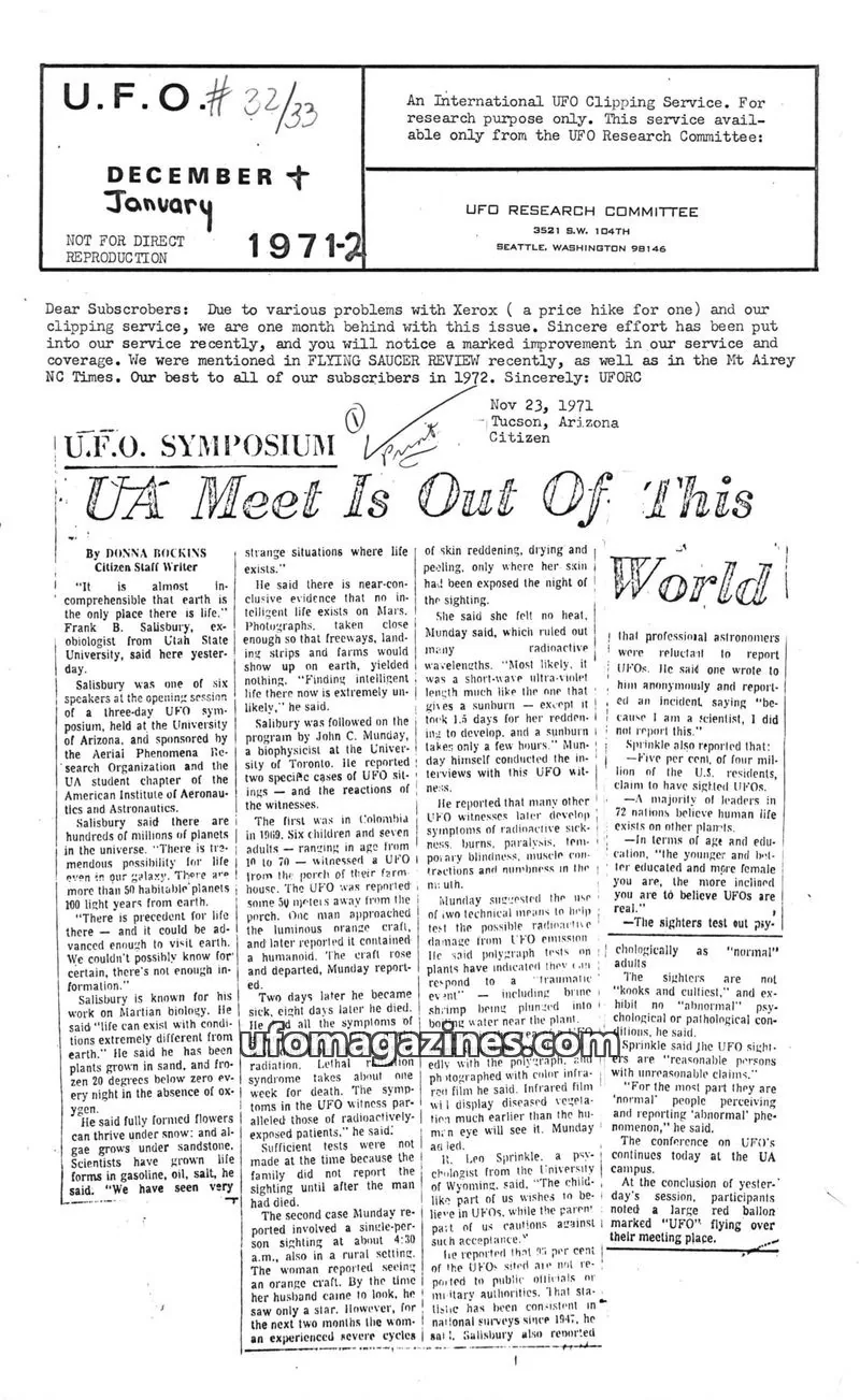 Cover of UFO Research Committee issue 32/33: U.F.O. SYMPOSIUM