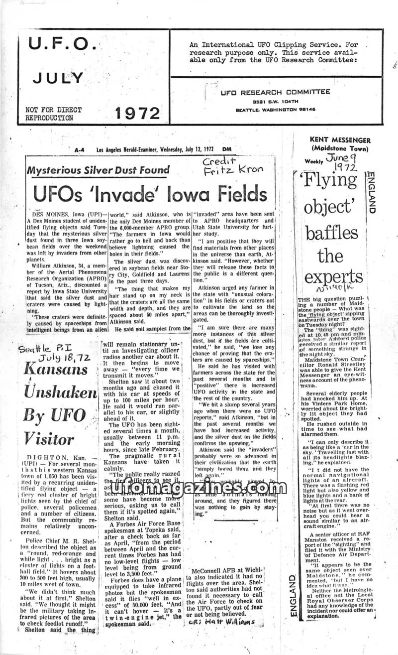 Cover of UFO Research Committee issue July 1972: U.F.O.