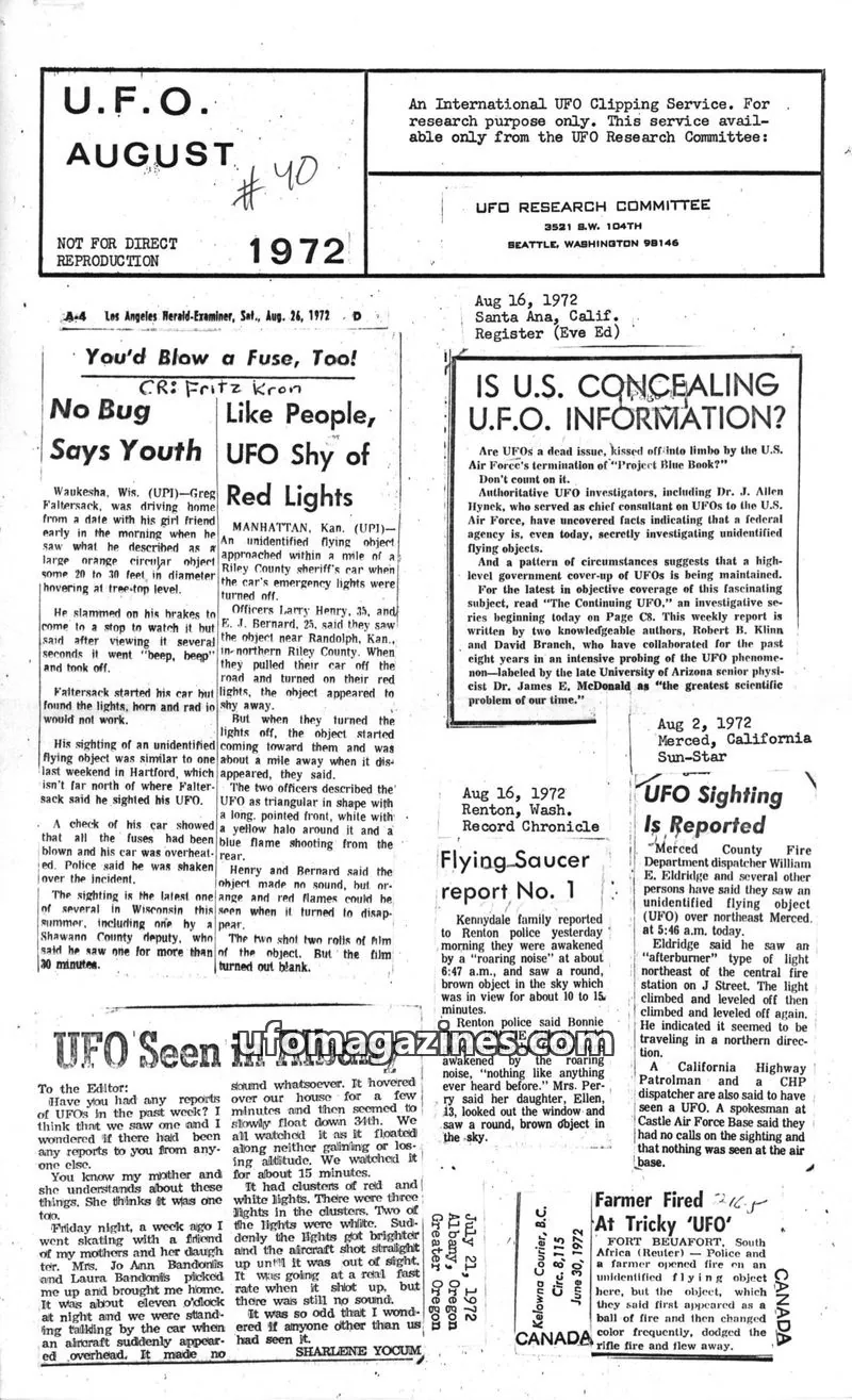 Cover of UFO Research Committee issue 1972: U.F.O. AUGUST