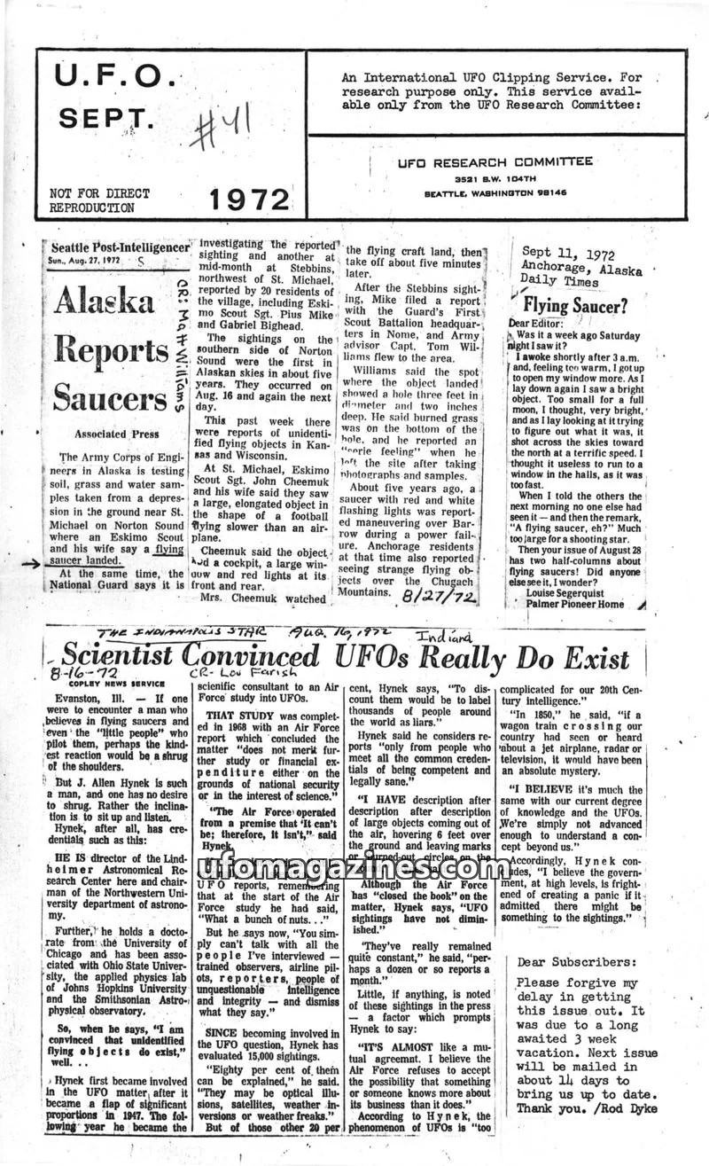Cover of UFO Research Committee issue 41: U.F.O. SEPT.