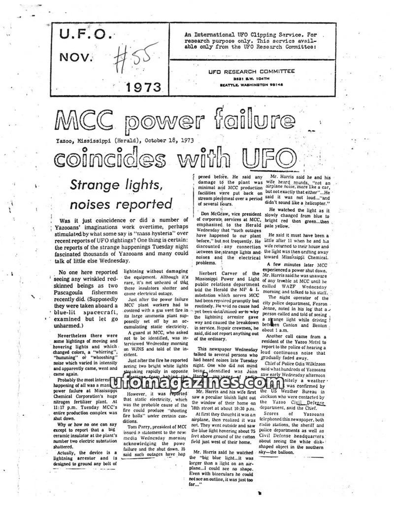 Cover of UFO Newsclipping Service issue October 19, 1973: UFOs Reported in Watson, Zachary By Two Residents