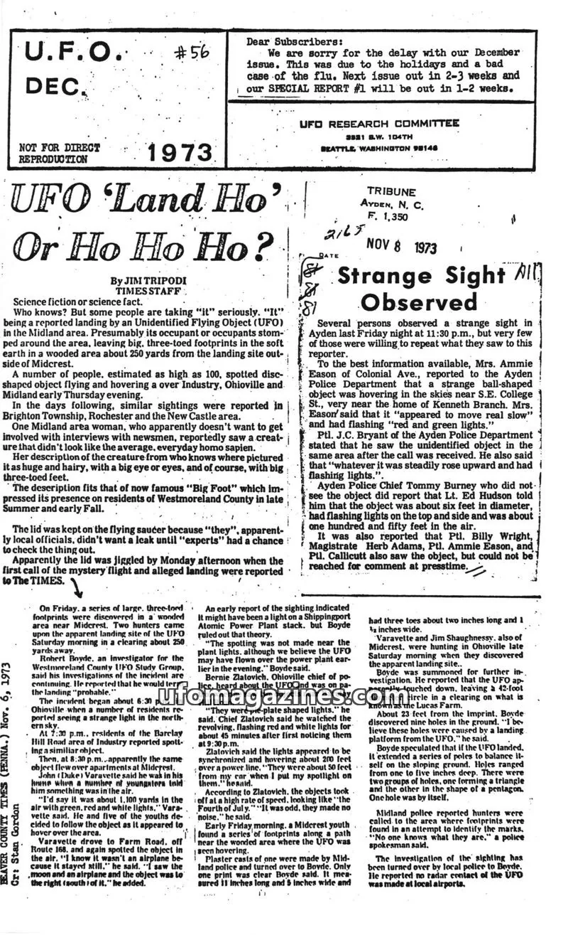Cover of UFO Newsclipping Service issue NOV 15-73: Police play UFO tag through two counties