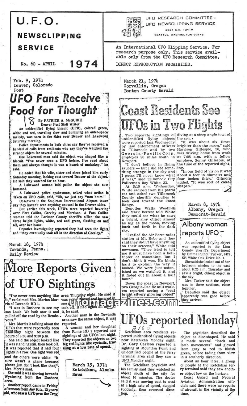 Cover of UFO Newsclipping Service issue WEEKLY: UFO Seen In County