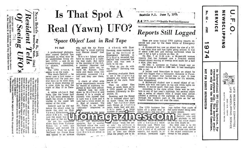 Cover of UFO RESEARCH COMMITTEE issue No. 62: U.F.O. NEWSCLIPPING SERVICE