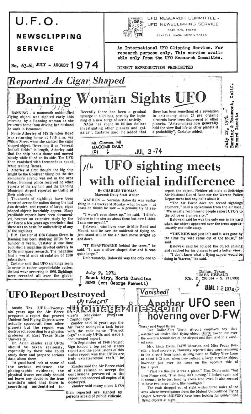 Cover of UFO Newsclipping Service issue A-13: DALLAS TIMES HERALD
