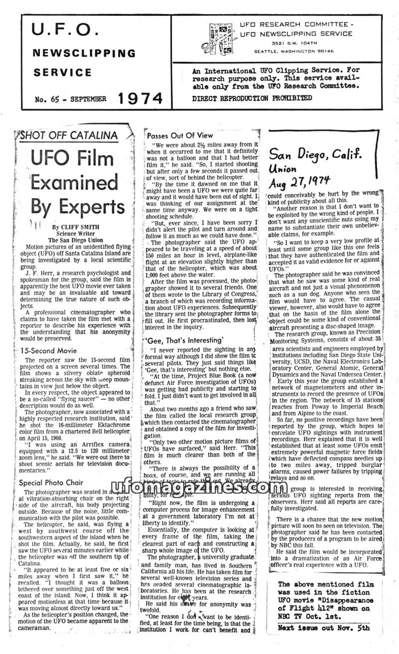 Cover of UFO Newsclipping Service issue August 1974: UFO Report