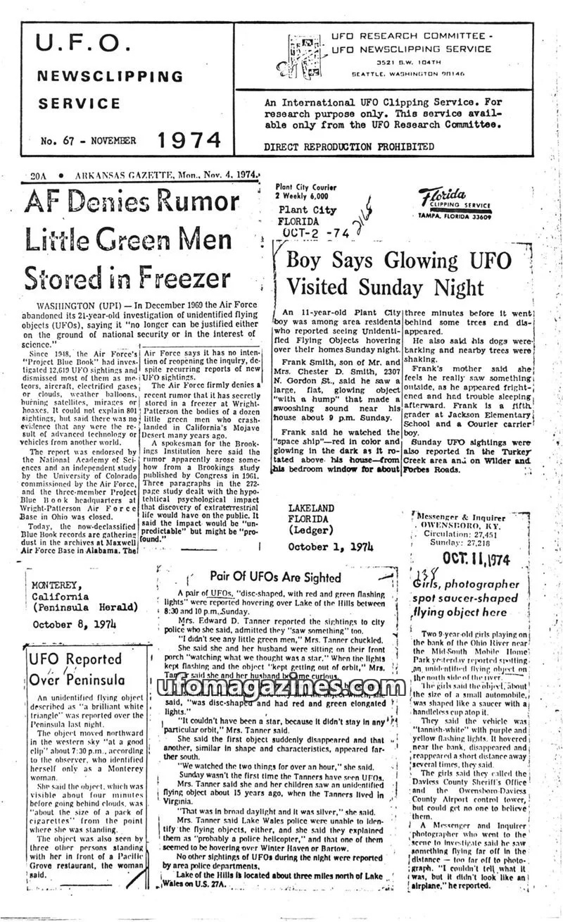Cover of UFO Newsclipping Service issue October 26, 1974: Vancouver Sun