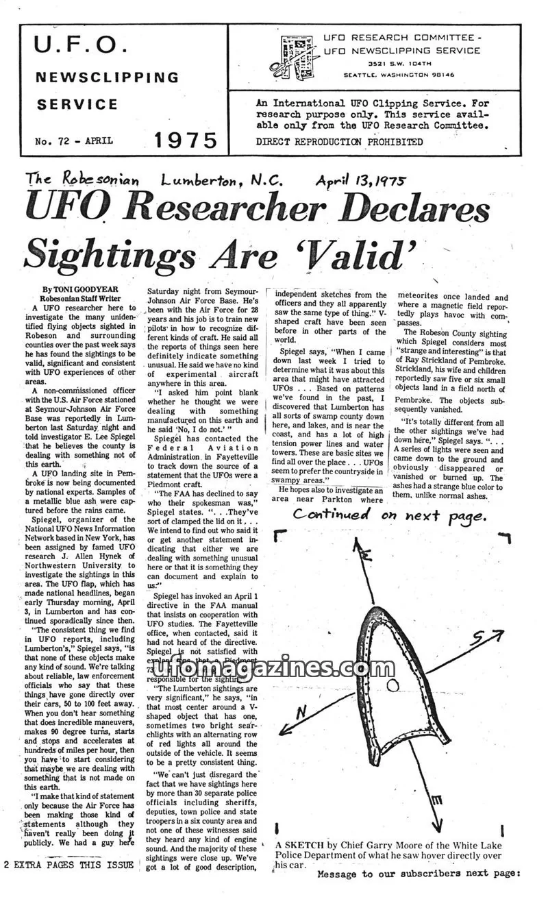Cover of UFO RESEARCH COMMITTEE issue No. 72: U.F.O. NEWSCLIPPING SERVICE